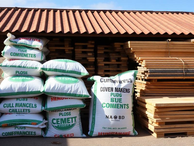 Cement bags, roofing sheets and timber stacked at a builders yard