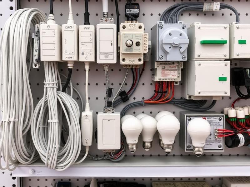 Electrical cables, switches, bulbs and a distribution board