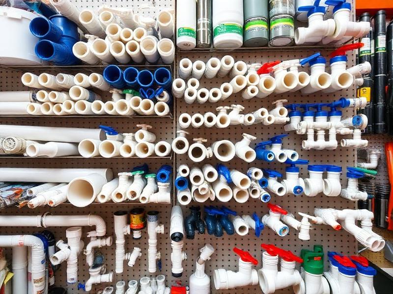 PVC pipes, taps and plumbing fittings on display