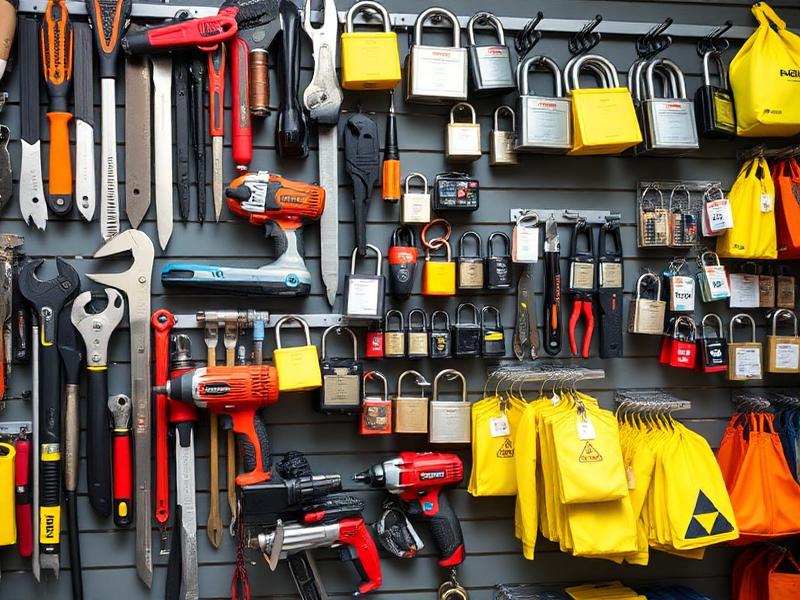 Hand tools, power tools, padlocks and safety gear on a display wall