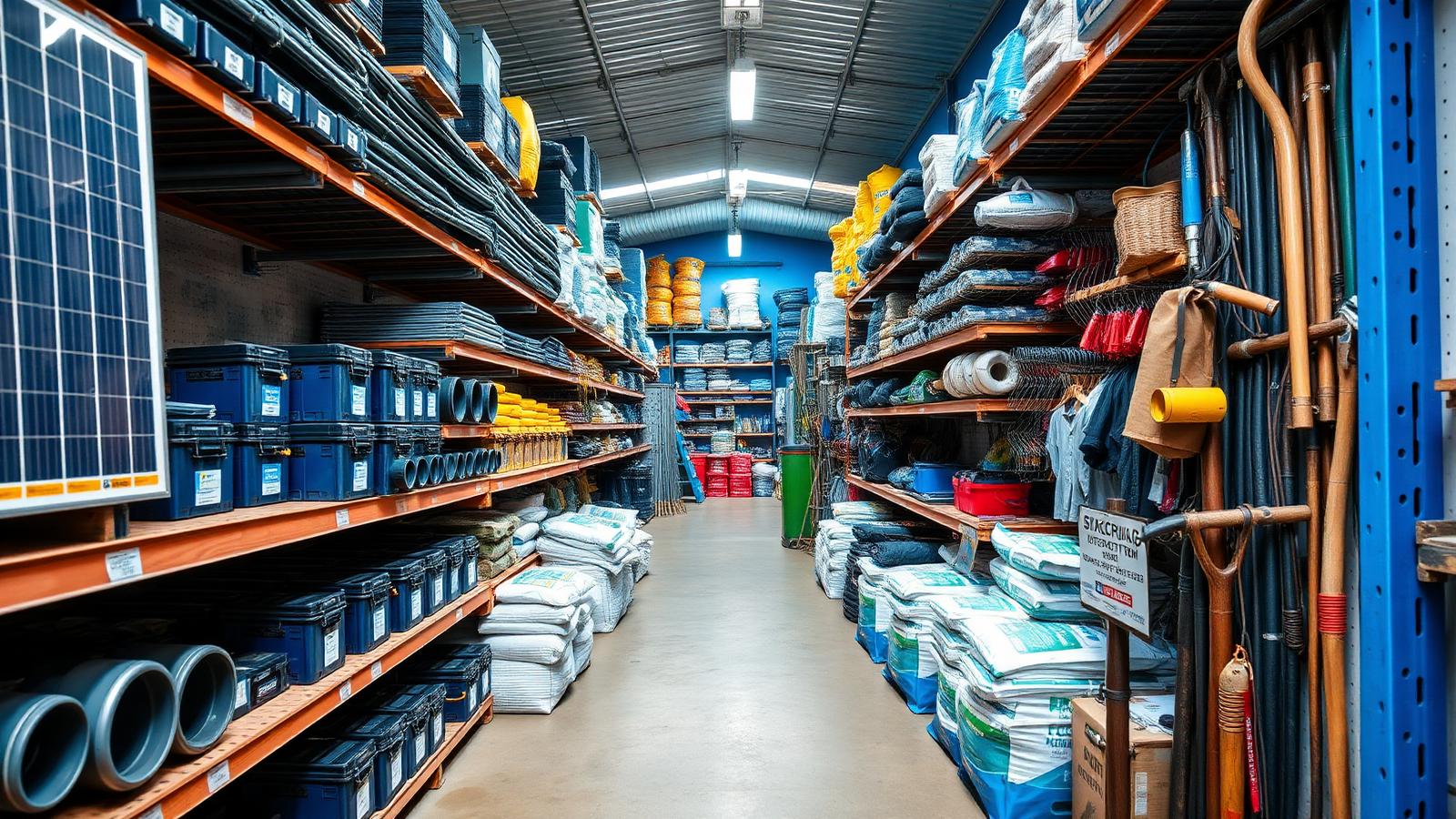 Freesalu General Dealers hardware store aisle stocked with solar panels, piping and farm tools