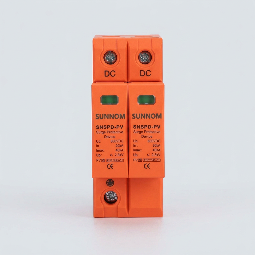 Orange 2-pole 600VDC solar surge protection device on DIN rail