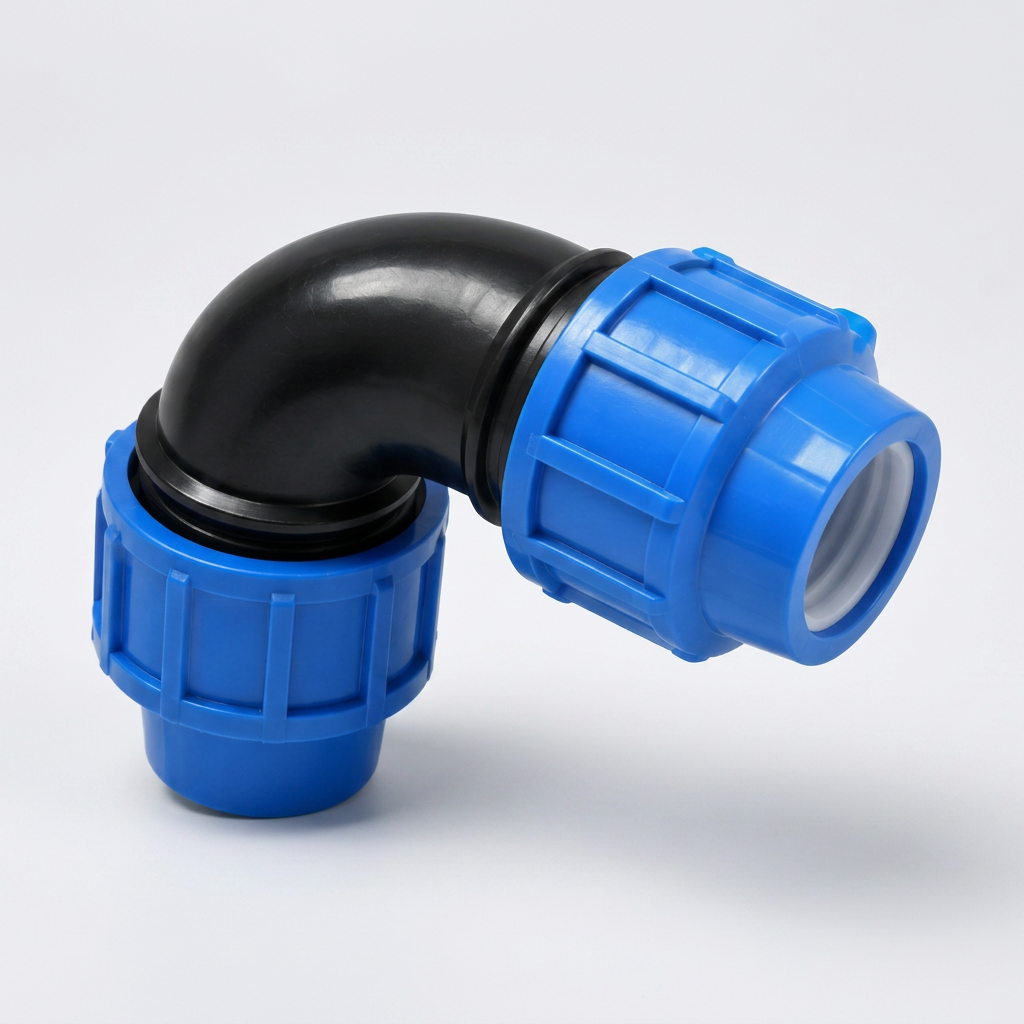 Blue and black 90 degree poly compression elbow fitting