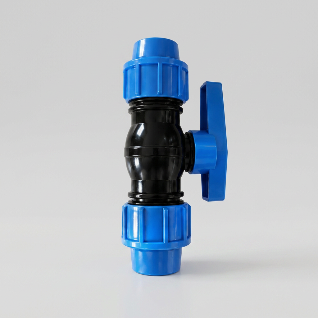 Blue and black polypropylene poly compression ball valve