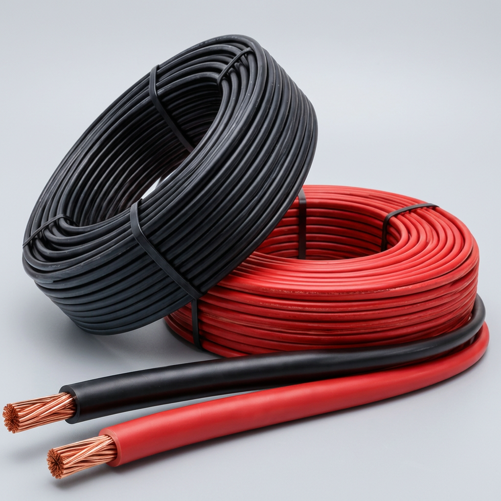 Coils of red and black solar DC cable with copper conductors