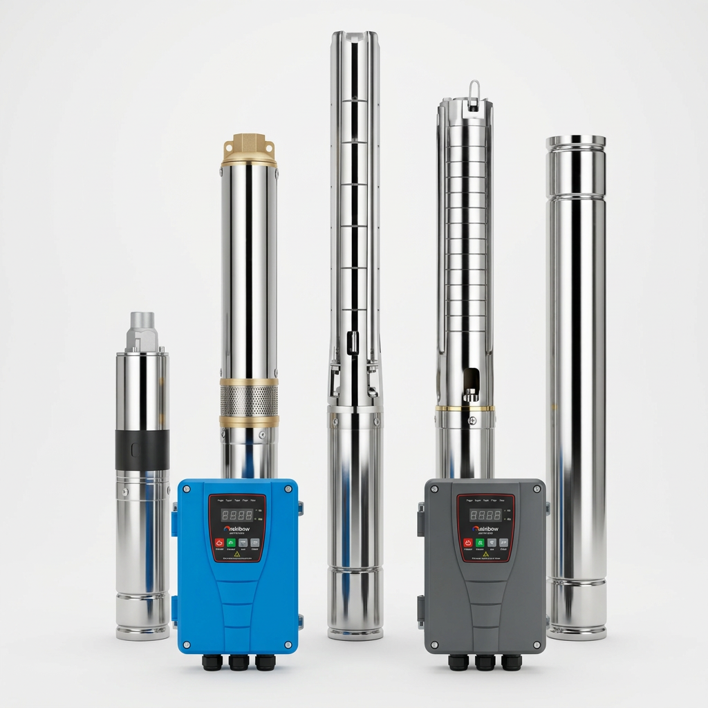 Range of stainless steel solar submersible borehole pumps with solar pump controllers